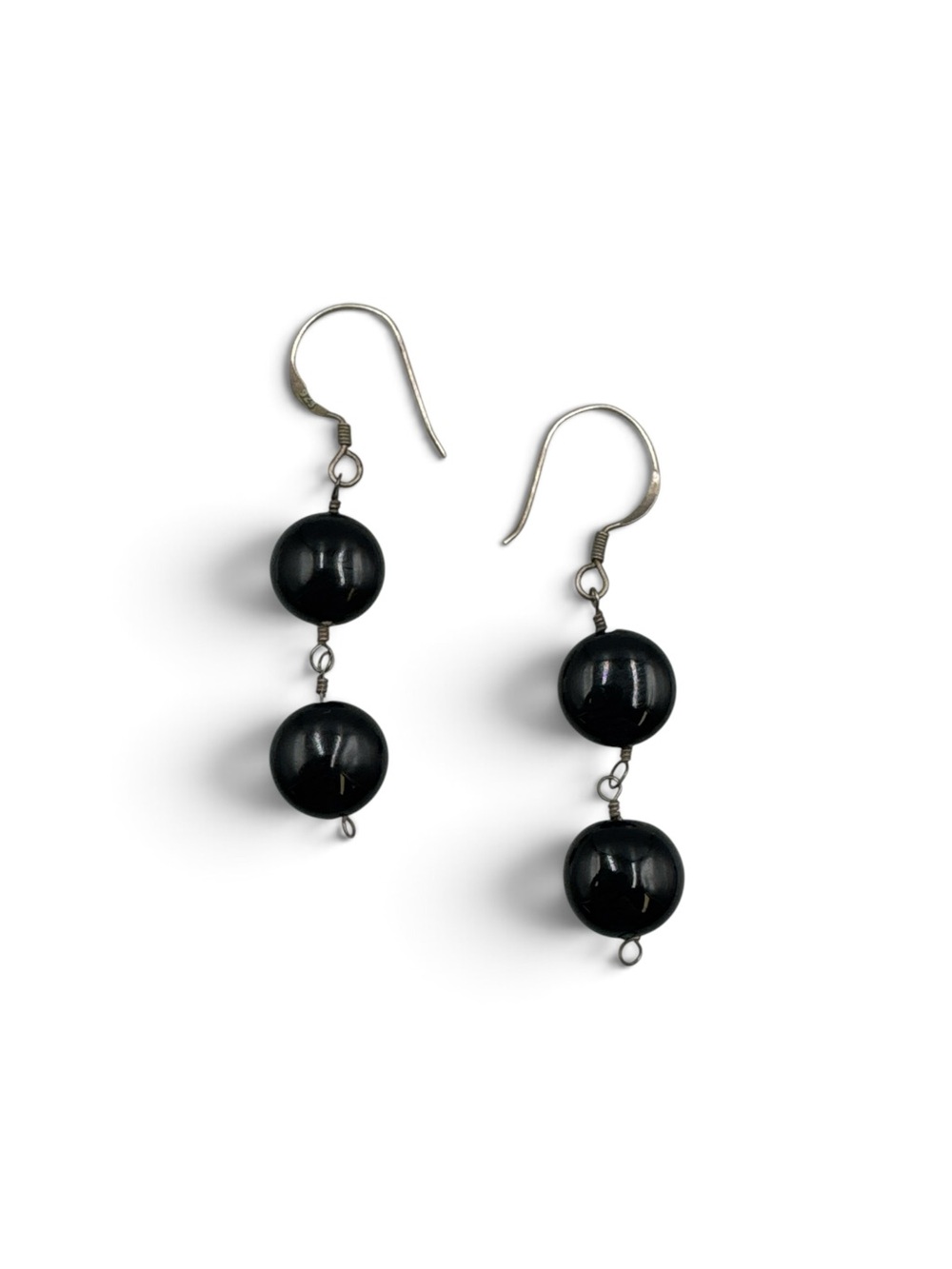 Vintage Sterling Silver Black Onyx Double Bead Dangle Earrings 2”
